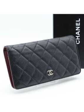 Chanel Quilted Caviar Leather Wallet Black Silver